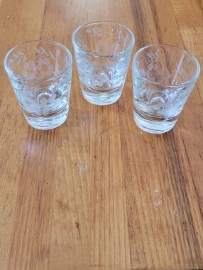 Collectible FEDERAL Etched Floral Clear Glass Shot Glasses - Set of 3